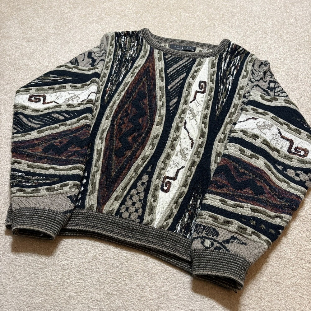 Vtg Protege Sweater Mens Medium Multicolor 3D Knit Retro Biggie Grandpa USA 90s